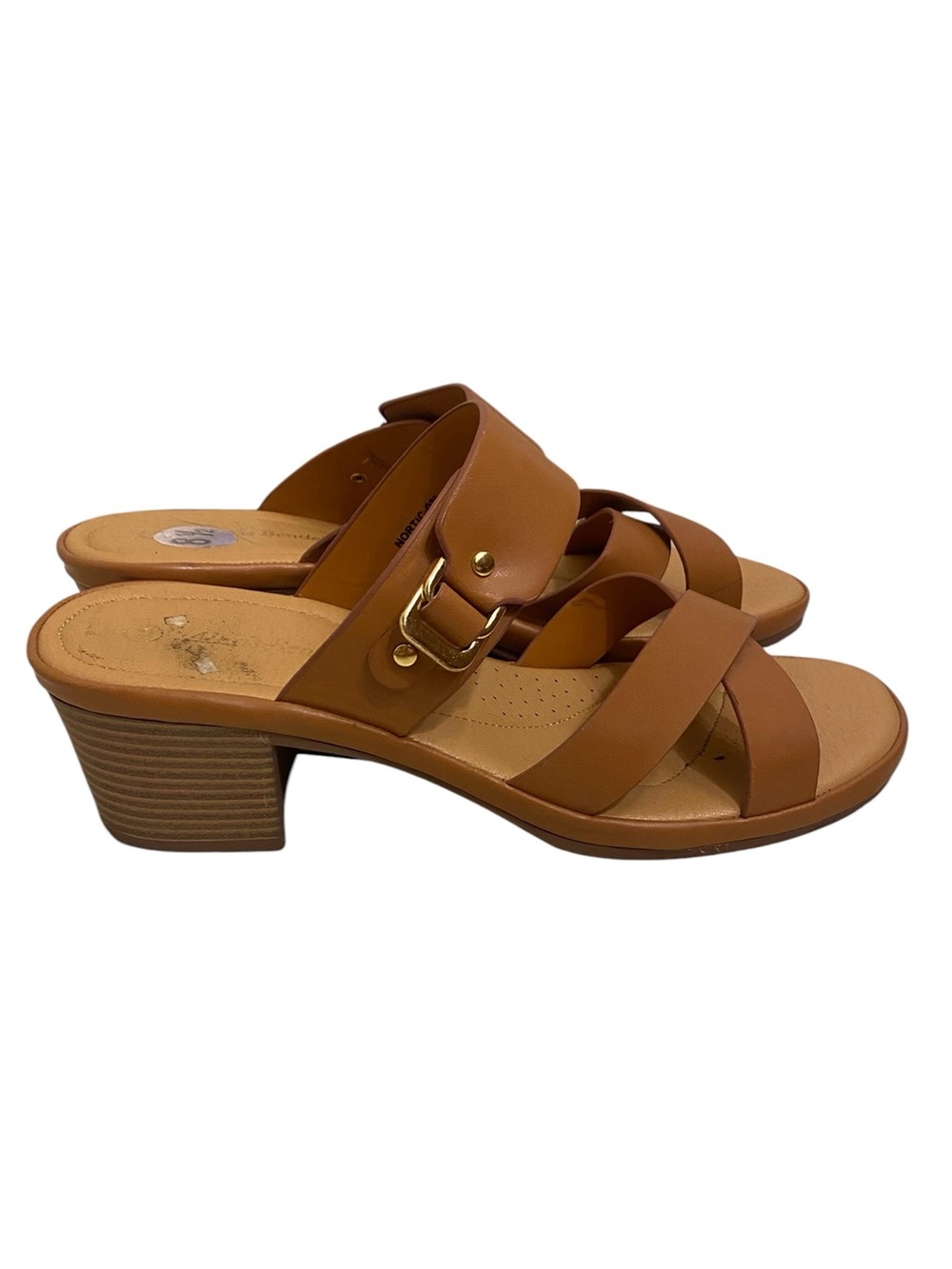 ALEXIS BENDEL CAMEL LEATHER CHUNKY STACKED WOOD BLOCK HEEL SIZE 8.5 GOLD BUCKLES